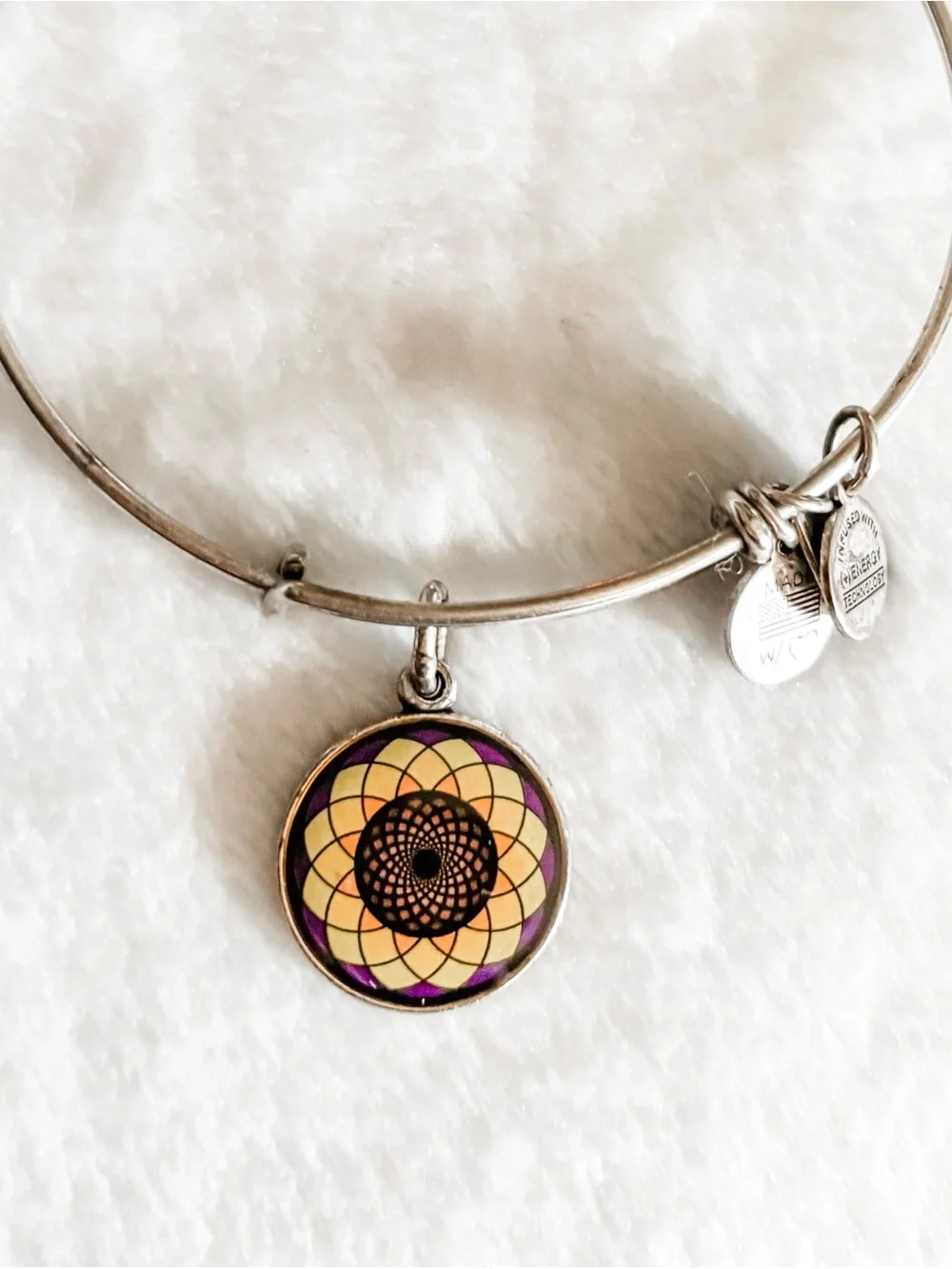 Alex and Ani Sunflower Charm Bangle Bracelet - Silver, Yellow, & Purple
